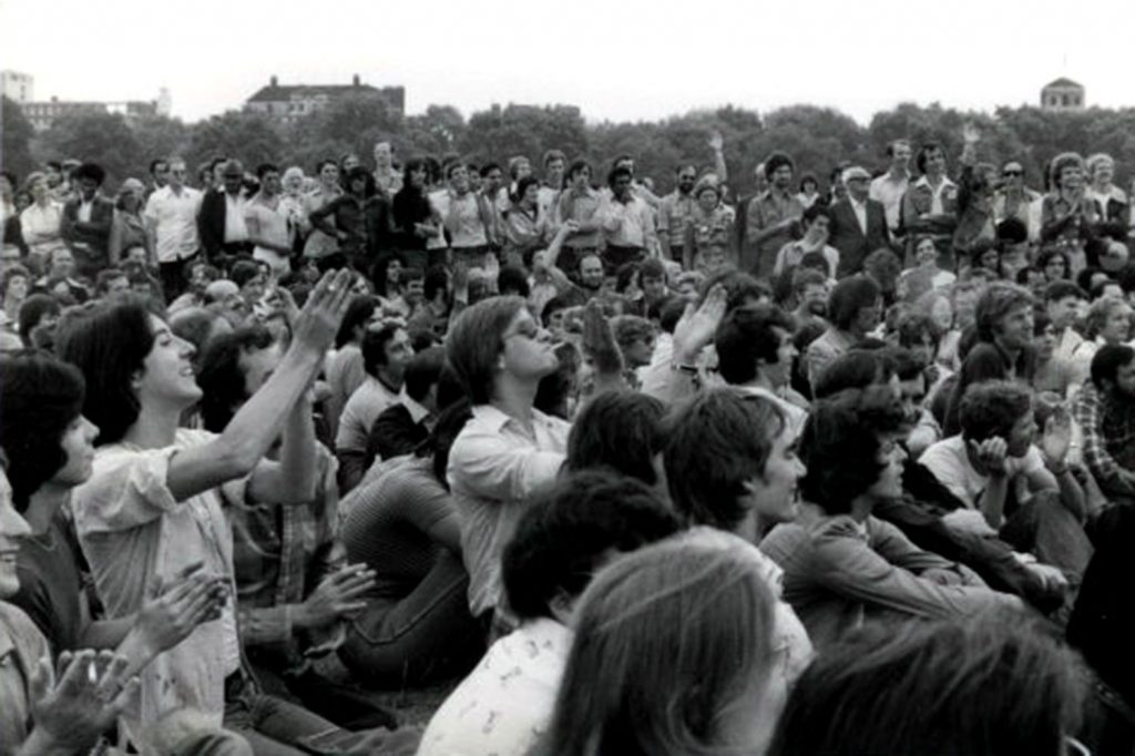 Group of people in Hyde Park for the first pride march, 1972