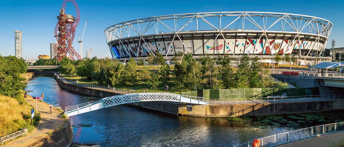 A landscape image of the Olympic Park in Stratford, East London