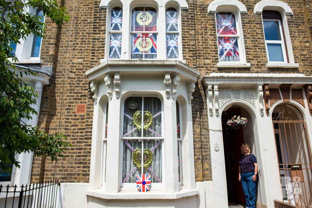 The outside of Stan Jones' house with jubilee flags. Lichfield Road, Bow, East London