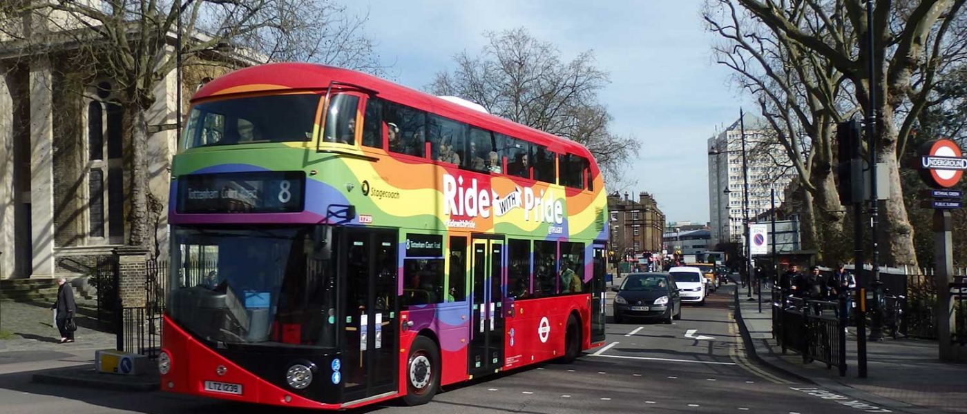 The number 8 bus in rainbow colours, to support pride month 2015