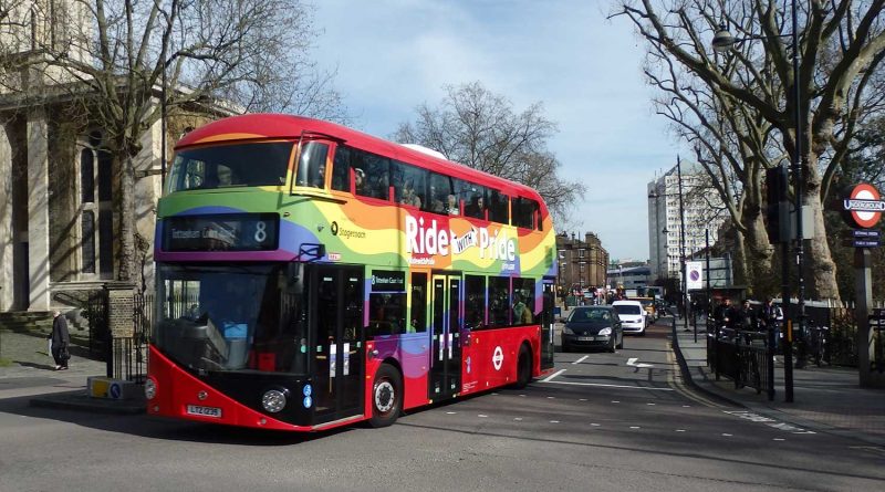 The number 8 bus in rainbow colours, to support pride month 2015