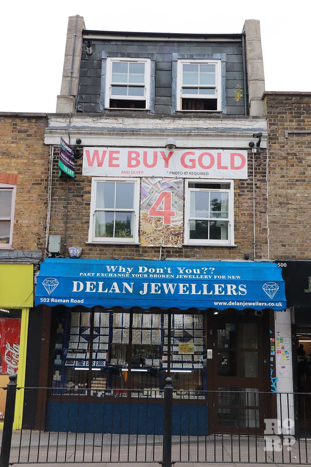 Shopfront of Delan Jewellers at 502 Roman Road in Bow, East London.