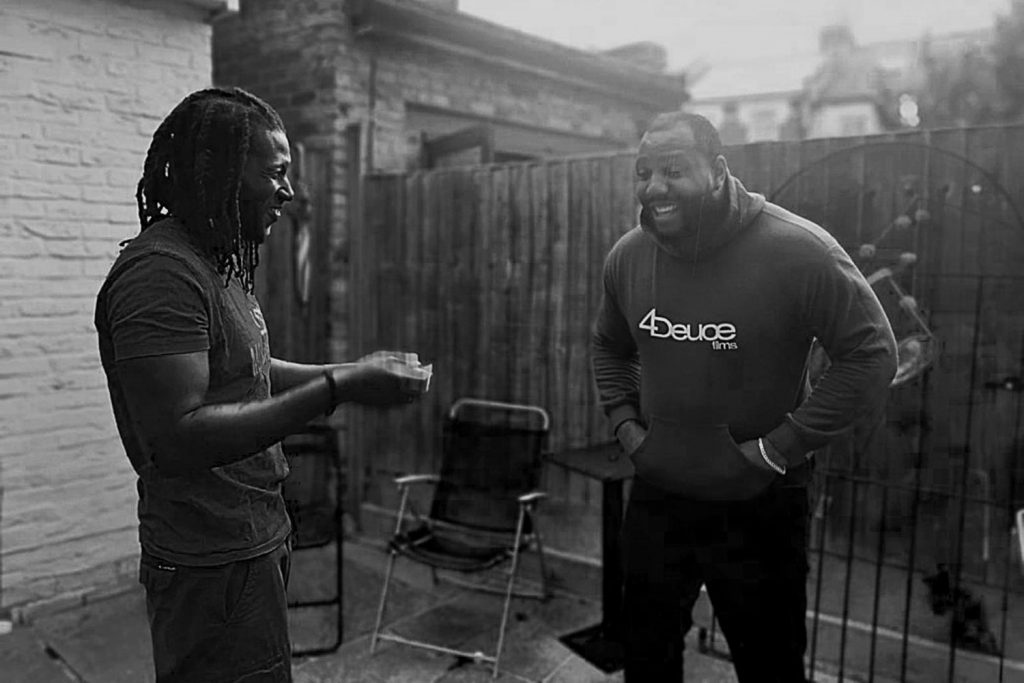 Daniel and Mo laughing together, the producers of Aint Hidin Nuttin, a series about grime music and crime in Bow.