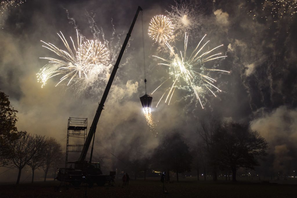 Man who fell to earth, David Bowie is celebrated for fireworks night in Victoria Park, Tower Hamlets, East London, 2017..