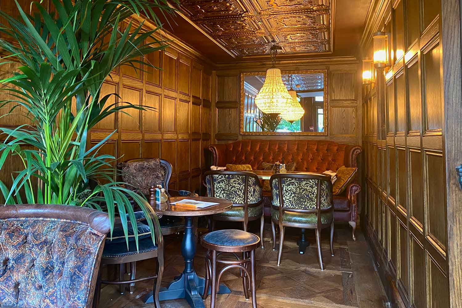 the interior of a pub with a large house plant to the left, wood pannelled walls and a small chandelier in The Coborn, Mile End, East London