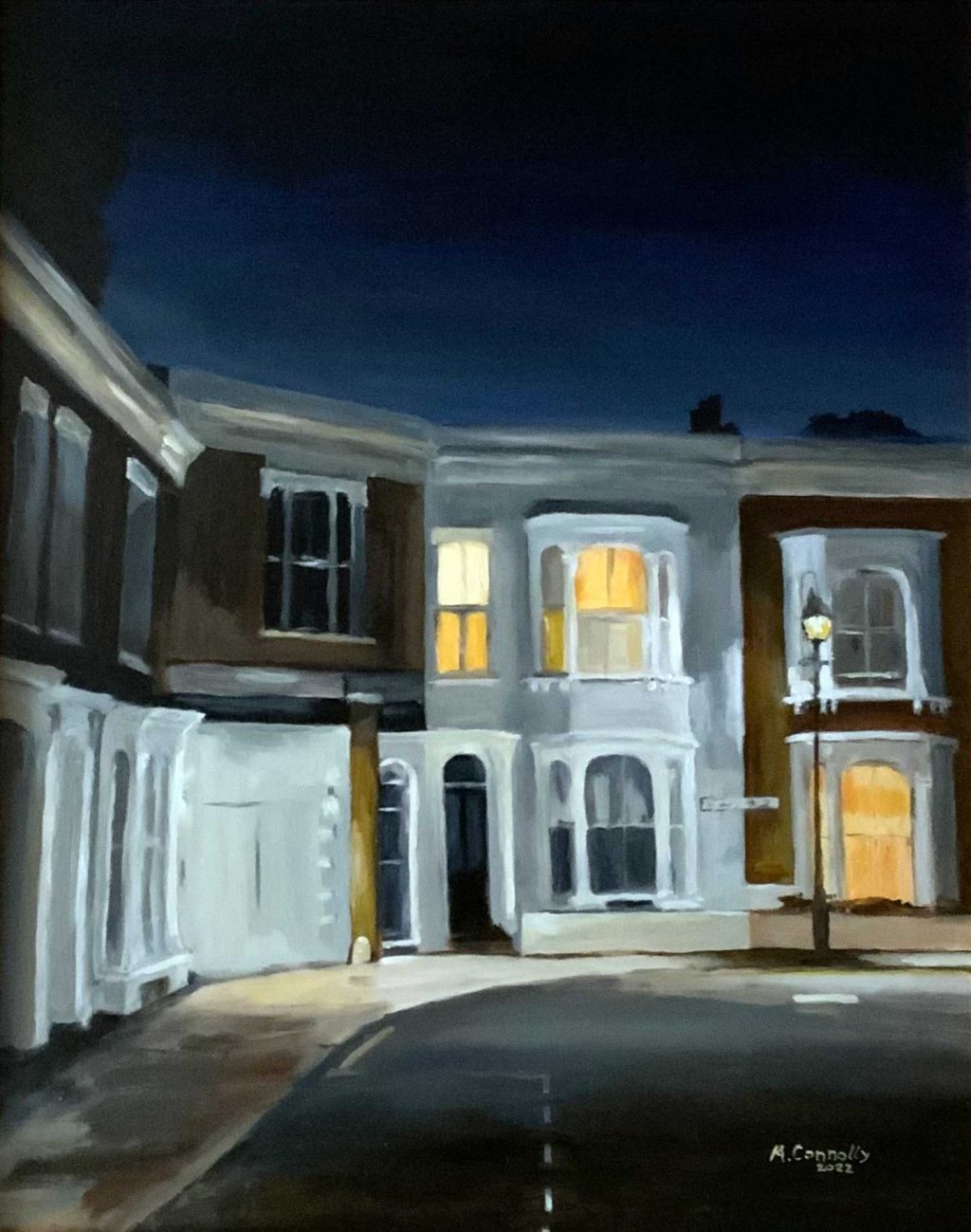 Painting of the nighttime on Lockhart Street, Bow, East London