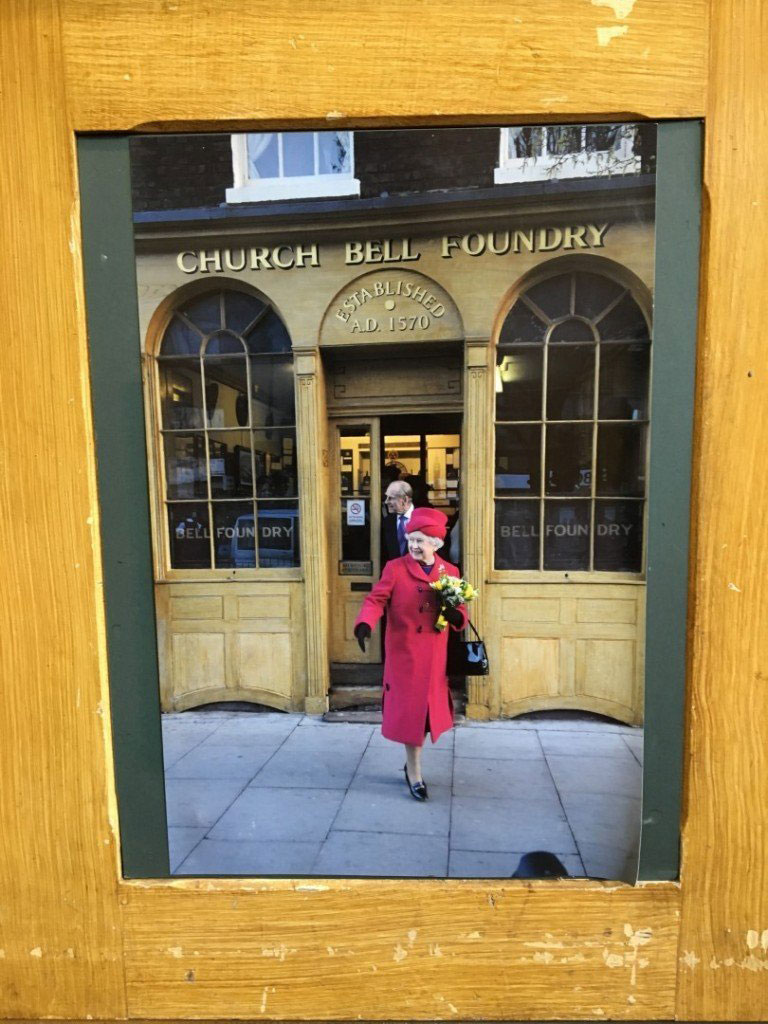 An image of Queen Elizabeth leaving the Bell Foundry in Whitechapel, East London
