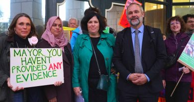Caroline Meadows, Shaheena Parvin, Jane Harris, Simon Ramsay and Nathalie Bienfait outside council meeting debating Save our Safer Streets petition outside Tower Hamlets Town Hall.
