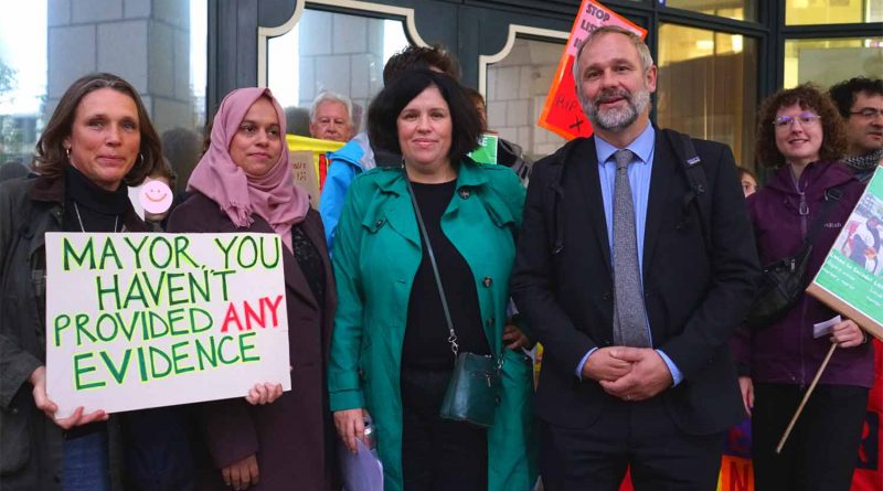 Caroline Meadows, Shaheena Parvin, Jane Harris, Simon Ramsay and Nathalie Bienfait outside council meeting debating Save our Safer Streets petition outside Tower Hamlets Town Hall.