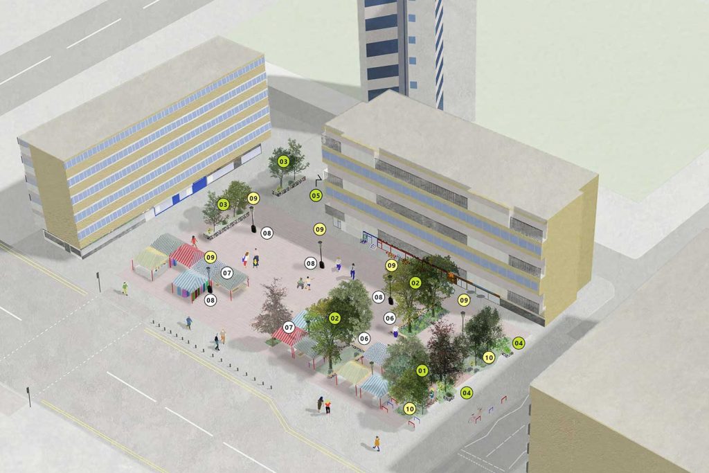 artists image of the layout of the new Globe Town Market Square in Globe Town, East London
