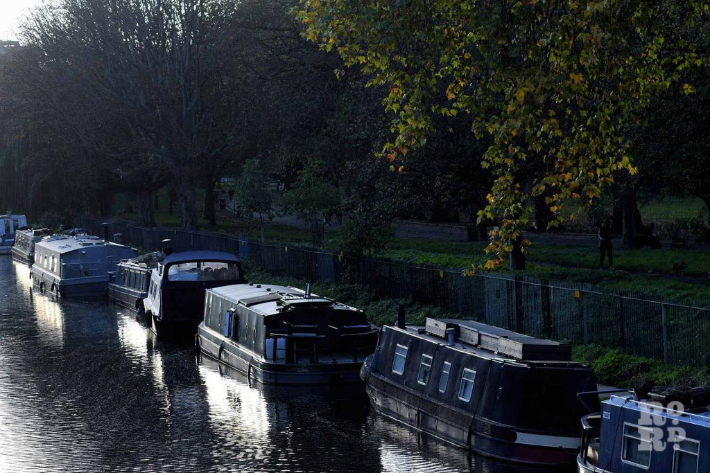 Hertford Union canal along Victoria Park in autumn, East London, 2022.