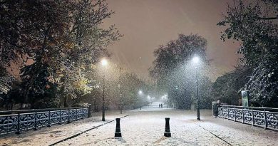 Snowy Bonner Gate entrance to Victoria Park, East London, December 2022.
