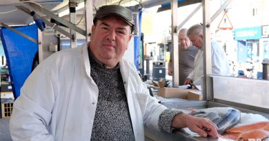 Del Downey, at his fishmongers' stall on Globe Town Market, Roman Road, East London, in 2018.