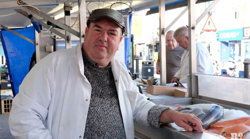 Del Downey, at his fishmongers' stall on Globe Town Market, Roman Road, East London, in 2018.