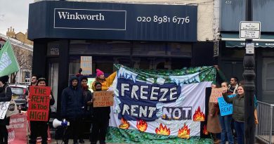 Tower Hamlets Renter's Union demonstration outside Winkworth's on Roman Road in Bow to protest against rising rents in London.