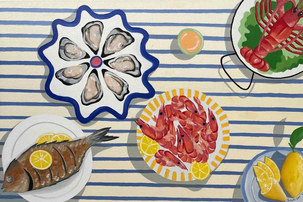 Painting by artist Sophie Wright depicting food plates, including fish, lemons, lobster and oysters on a striped white and blue background.