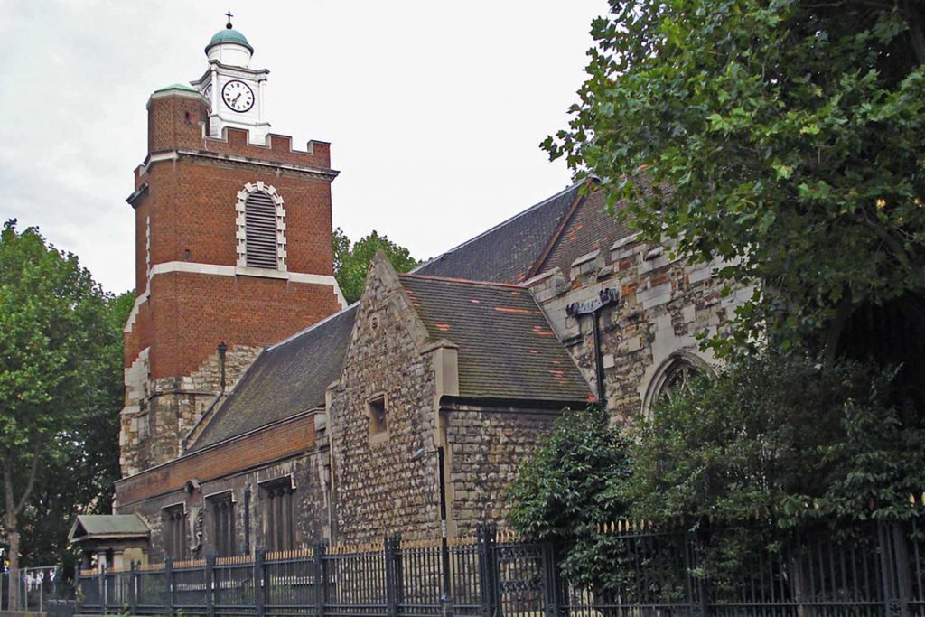 The tower at Bow Church on Bow Road, East London, was rebuilt after bomb damage from the WW2 blitz.