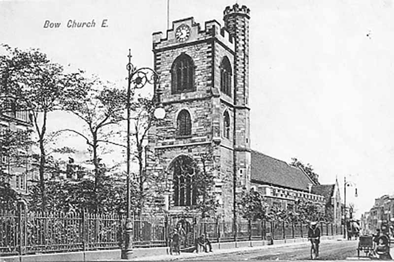 An early photograph of Bow Church, Bow Road, in East London from the Victorian era.