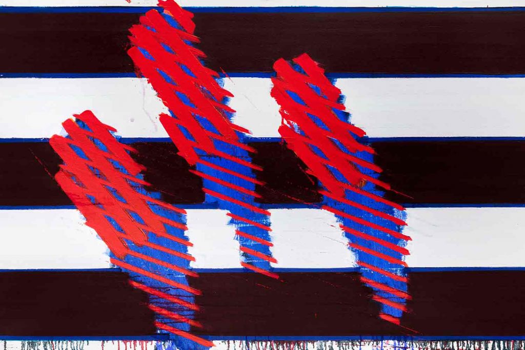 Painting by Richard Smith depicting bold colours and intersecting shapes. Black and white landscape panels are crossed over by horizontal blue fangs with red slanted lines.