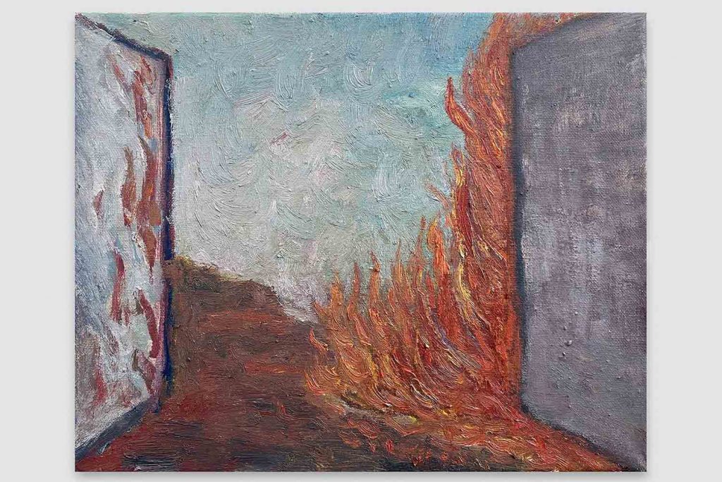 Painting by artist Behrang Karimi depicting a fire between two blocks with a blue background.