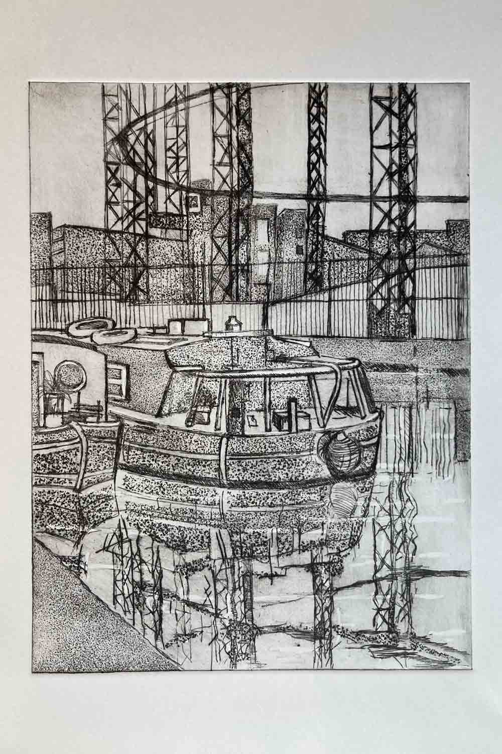 Black and white dry point print of the Regent's Canal and Bethnal Green gas holders in the background.