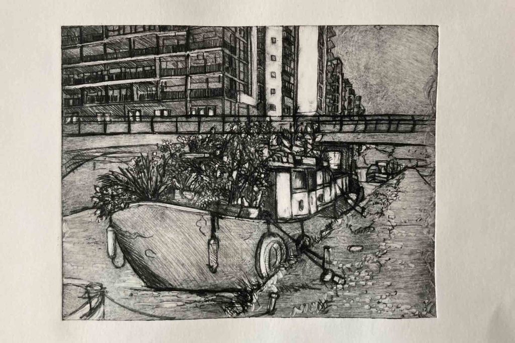 Black and white dry point print of a canal boat on Regent's Canal.