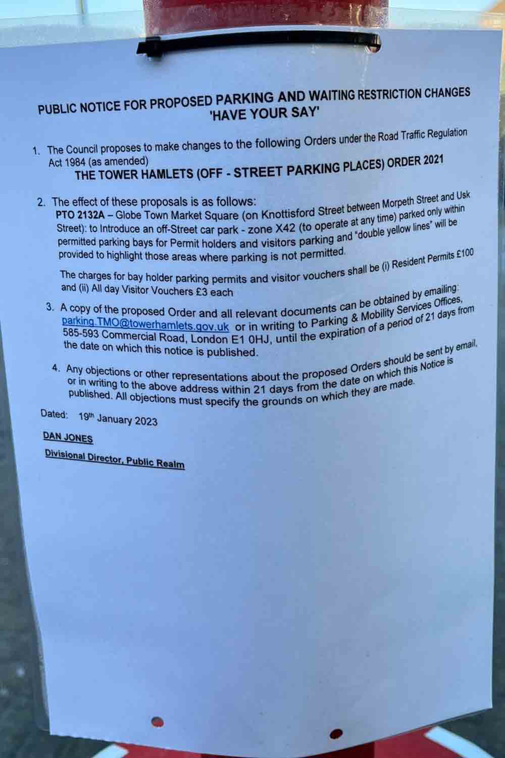 Public notice outlining proposals for Globe Town Market parking poposals