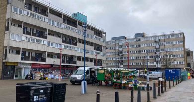 Globe Town Market Square with fruit and veg stall.