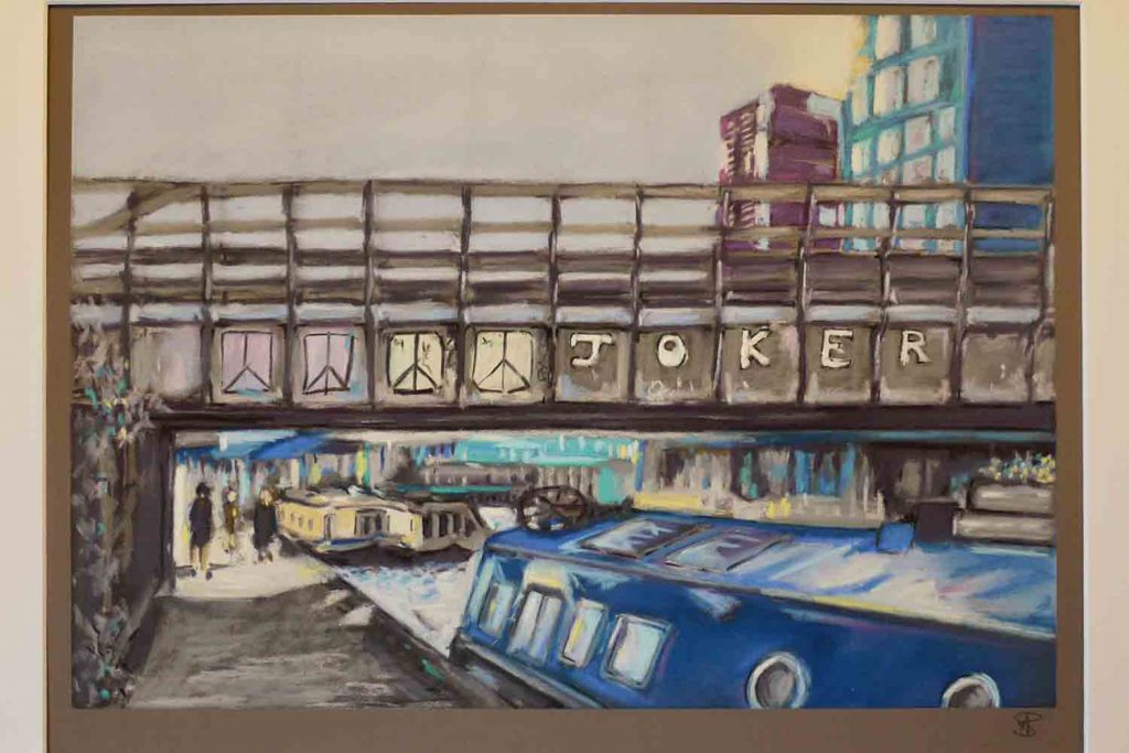 Soft pastel print of graffitied bridge on the Regent's Canal.