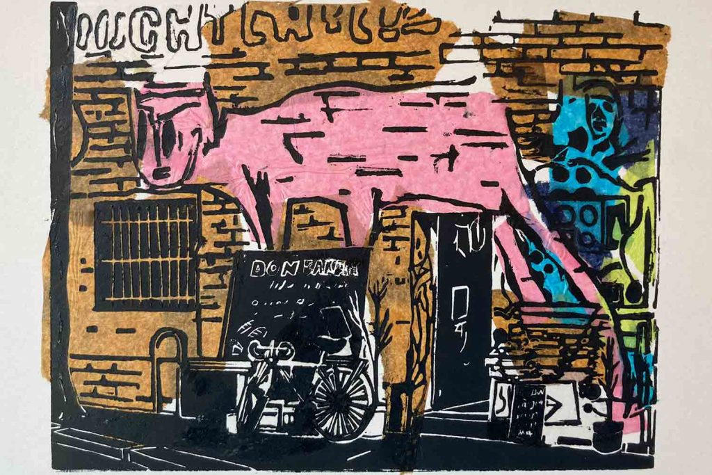 Chine colle linocut of graffitied building in Fish Island.