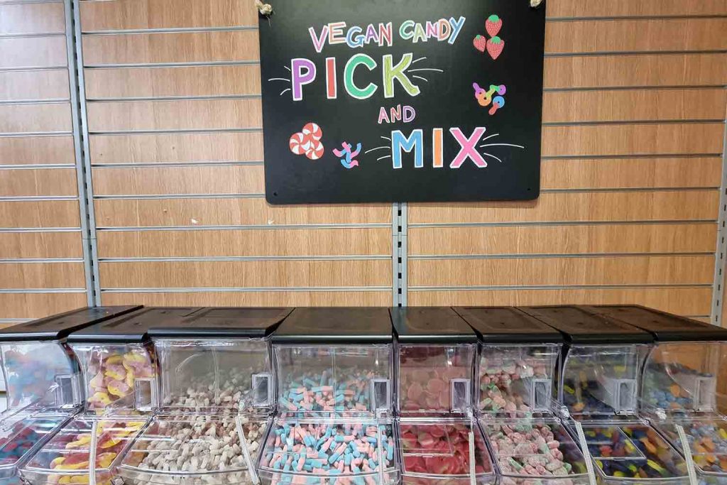 Vegan pick and mix stand at Queen Mary's zero waste shop.
