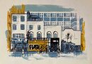Screen print of shops and houses on Mile End Road.