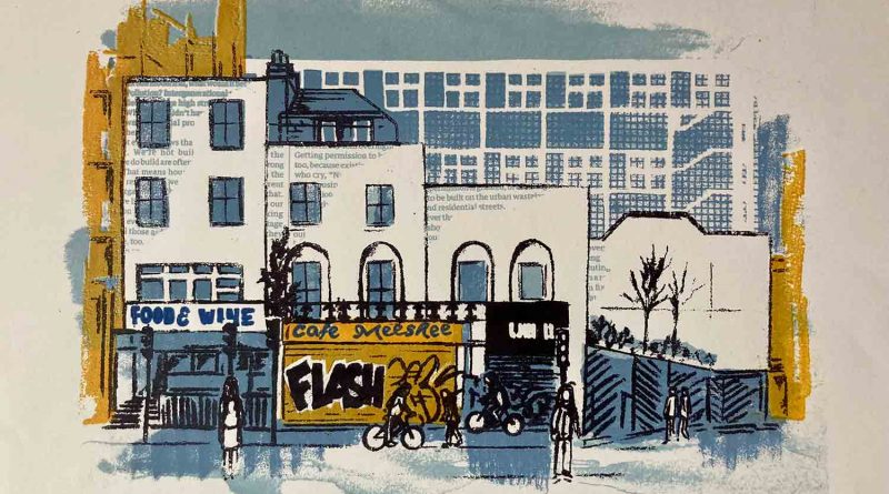 Screen print of shops and houses on Mile End Road.