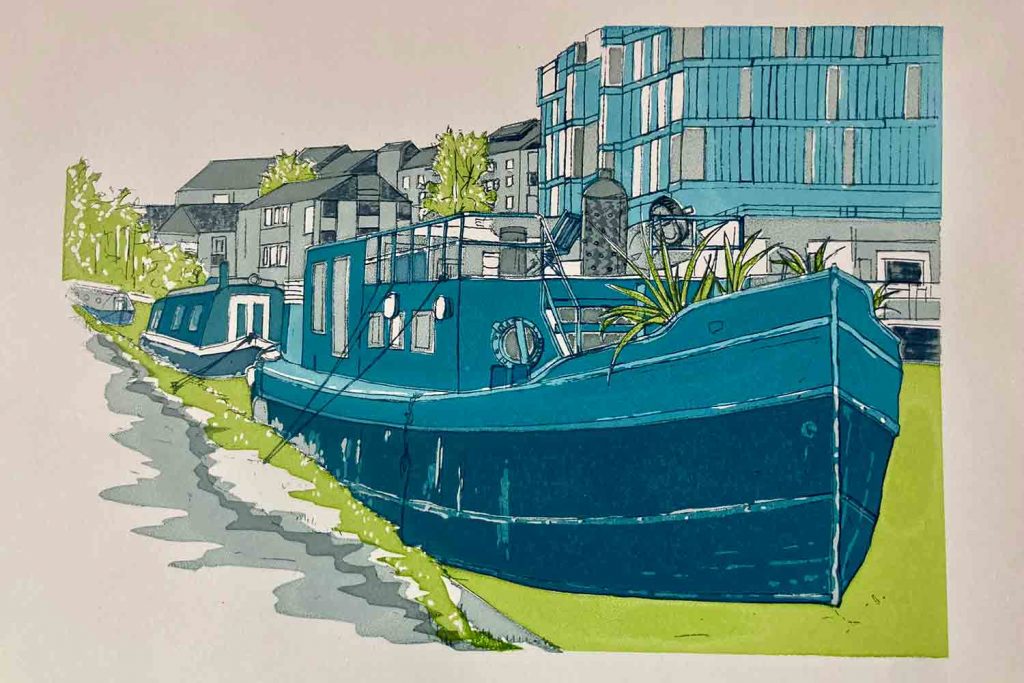 Screen print of a canal boat on Regent's Canal.