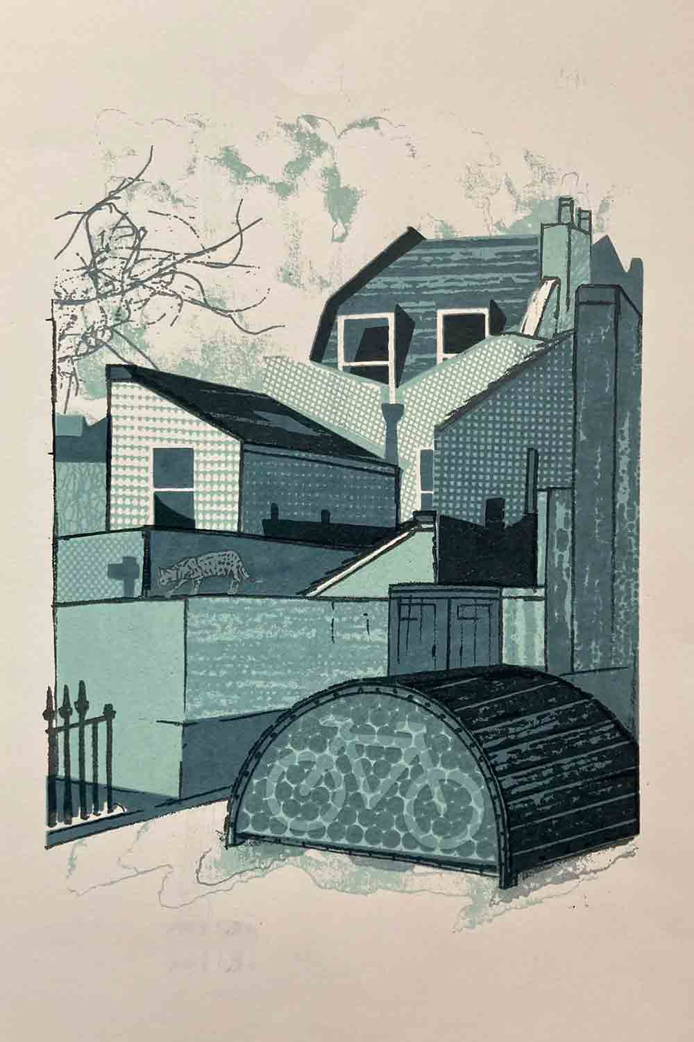 Screen print of the back of houses and a bicycle shelter on Kenilworth Road, Bow.