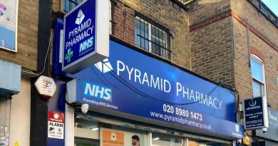 outside Pyramid Pharmacy with sign out side with NHS logo.