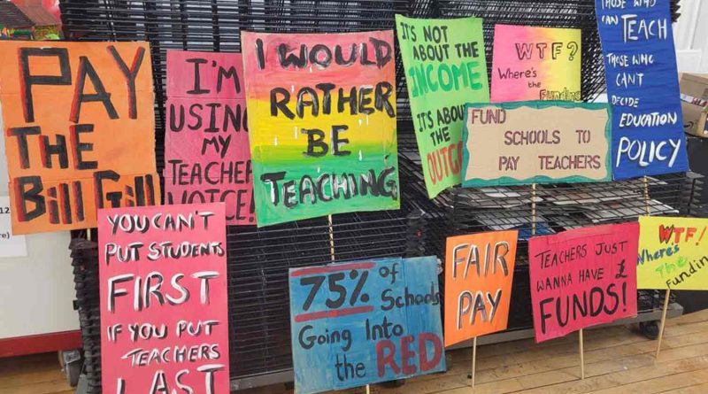 Strike placards made by teachers carrying different slogans.