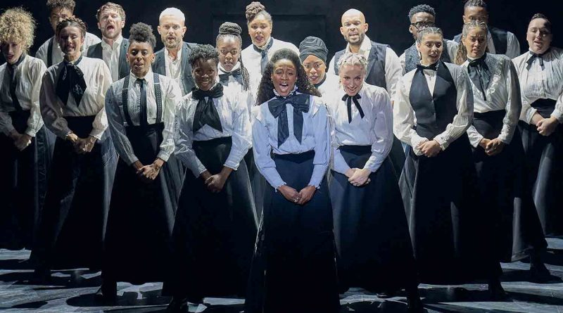 Cast of Sylvia, the musical about Sylvia Pankhurst and the suffragettes, dancing on stage at The Old Vic theatre.