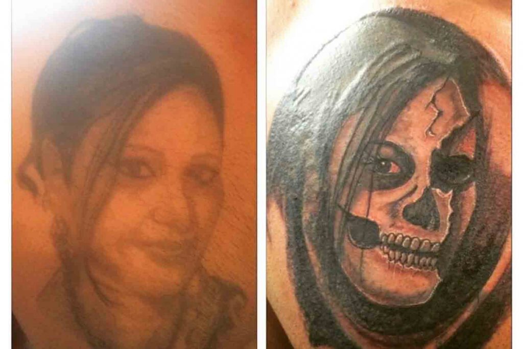 Before and after of a tatoo of a woman's face turned into a tattoo of a skull