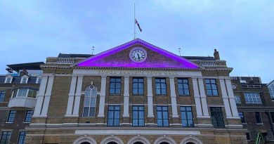 New Whitechapel town hall front with illuminated purple clock and flag above.