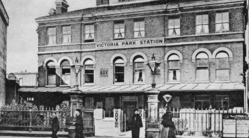 Old Victoria Park station front of the bulding in black and white.