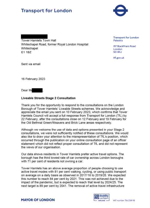 Page 1 letter from TfL to Tower Hamlets Council. 