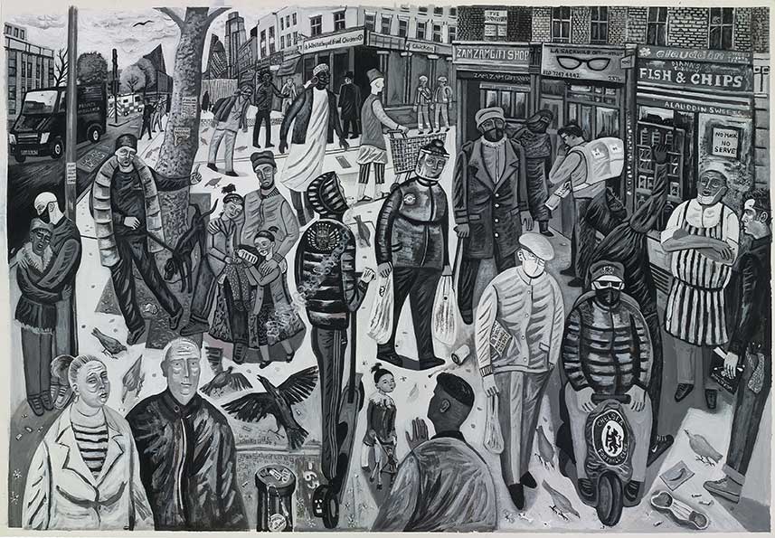 Black and white painting of Whitechapel Road by artist Ed Gray
