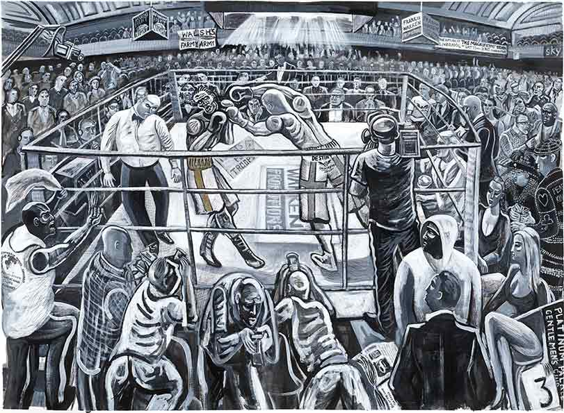 Artist Ed Gray's black and white painting of York Hall Boxing fight night in Bethnal Green.