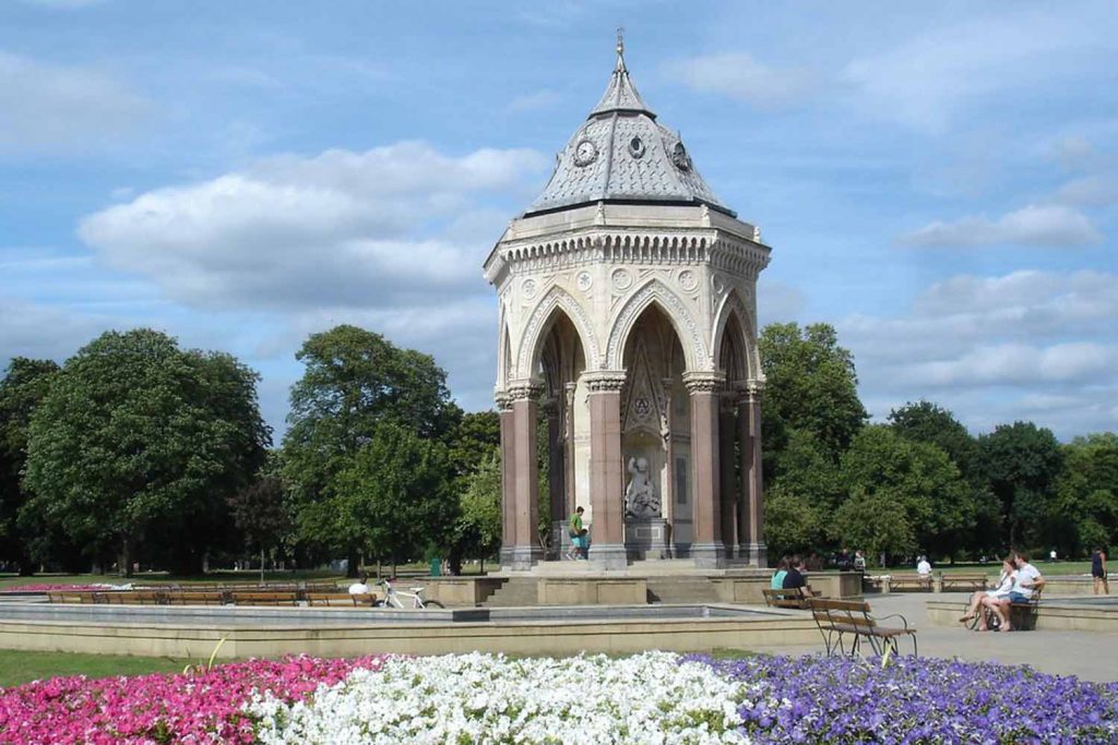 Burdett-Coutts Fountain in Victoria Park surrounded by flowers