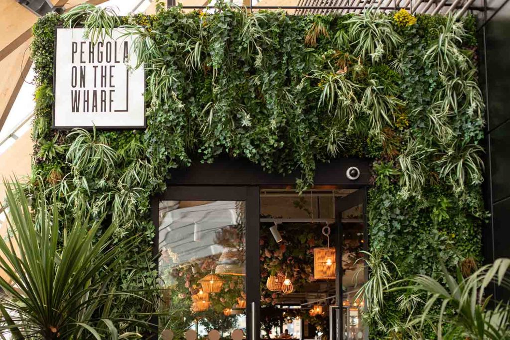 The entrance to a restaurant covered in plants.