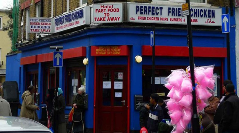Outside of fried chicken shop in Shadwell.