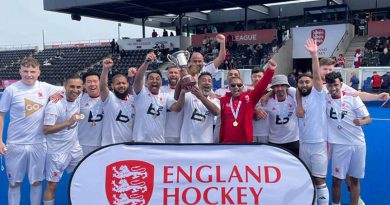 Tower Hamlets Hockey Club first team celebrating winning the England Hockey T4 championships after the final at Lee Valley Hockey Club.