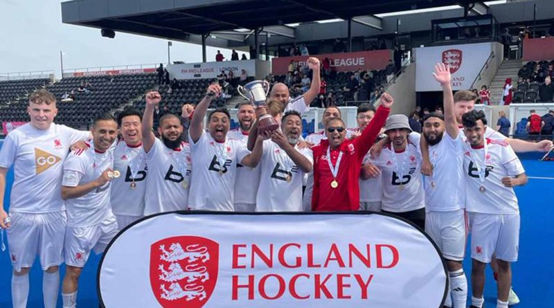 Tower Hamlets Hockey Club first team celebrating winning the England Hockey T4 championships after the final at Lee Valley Hockey Club.