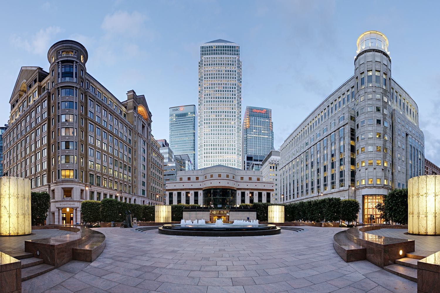 Cabot Square in Canary Wharf at evening